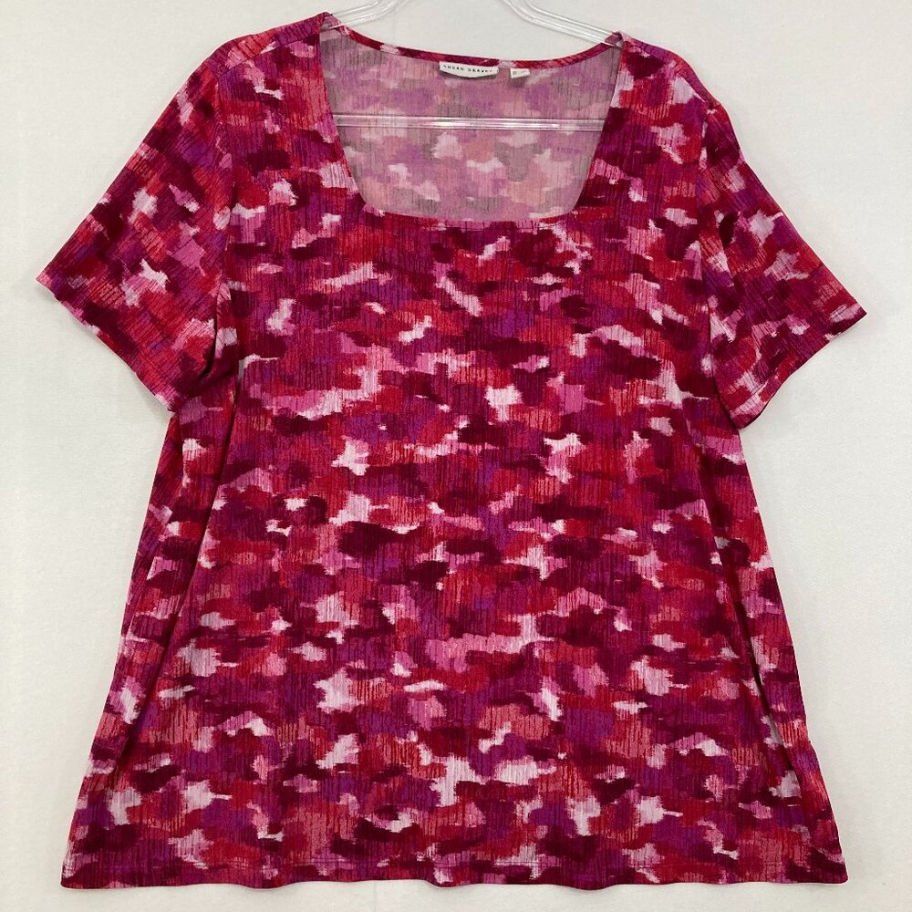 Susan Graver size 1X Pink Abstract Square Neck Stretch Knit Short Sleeve Blouse